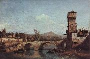 Bernardo Bellotto Capriccio Veneto, Flub, Brucke und mittelalterliches Stadttor France oil painting artist